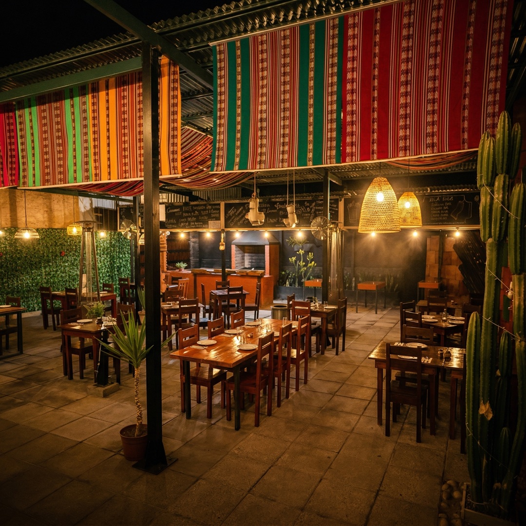 Vista lateral con cactus y telas andinas